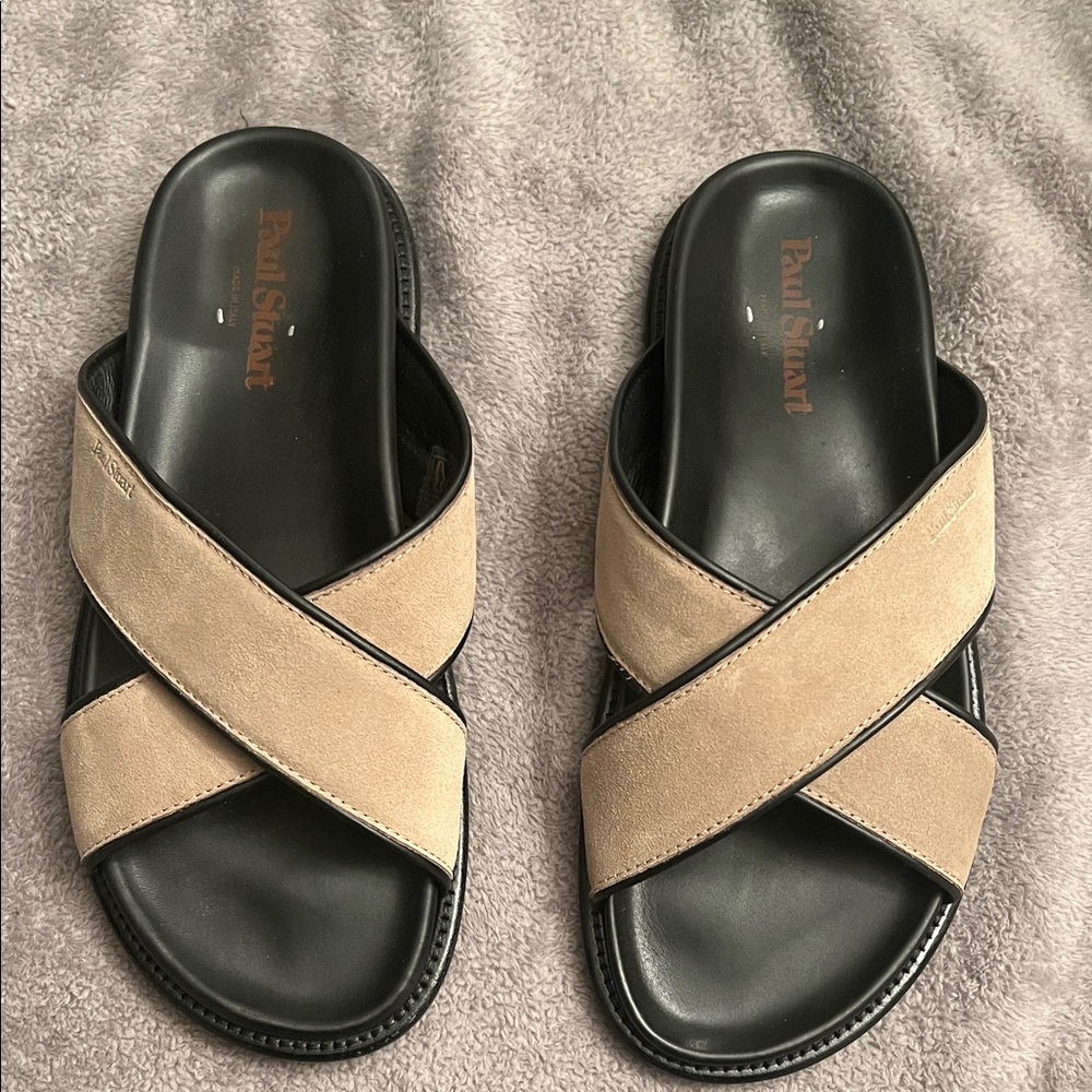 Paul Stuart Black Footbed with Beige Suede Crisscross Slides